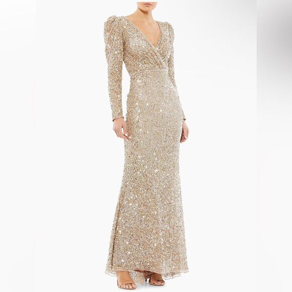 Mac Duggal 5510 Gold Puff Shoulder SequinSurplice Gown Long Sleeve Dress as is 6 - Picture 1 of 12